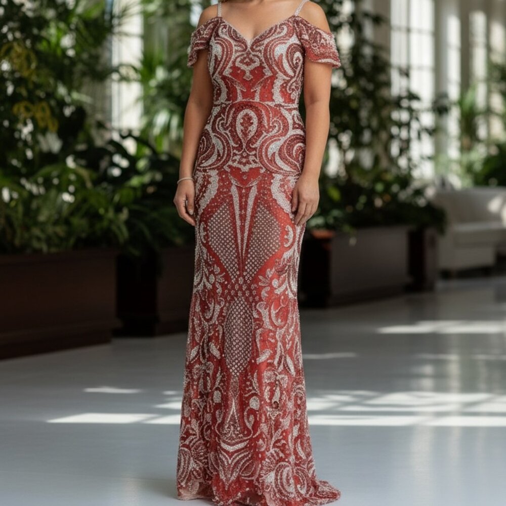 Sequin Cold-Shoulder Mermaid Gown with Back Zipper
